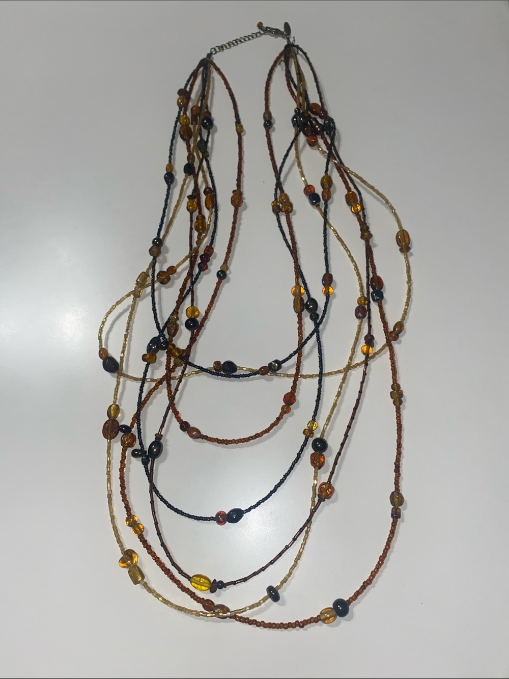 Multi-Strand Beaded Necklace in Amber, Brown, Black